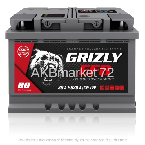 Аккумулятор автомобильный GRIZLY EFB 80 А/ч 820 А   обр. пол. Евро авто (278х175х190) AB80.0